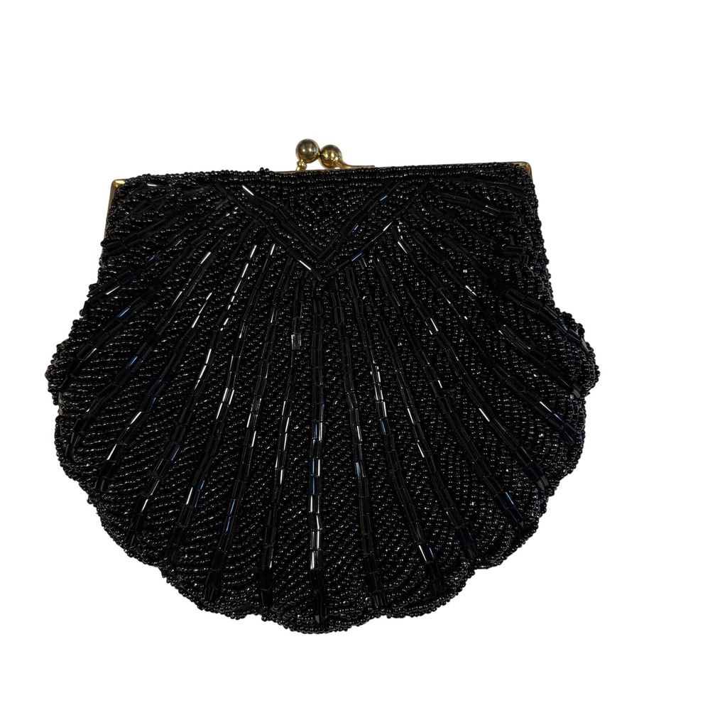 La‎ Regale Black Beaded Shell Evening Clutch Bag Vintage Kiss Lock Formal Purse